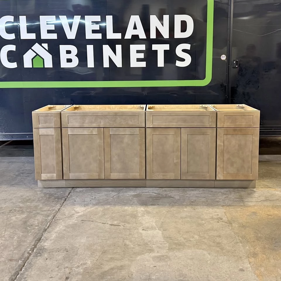 Driftwood Wood Stain base cabinet set, 96 inch run, at the Cleveland warehouse