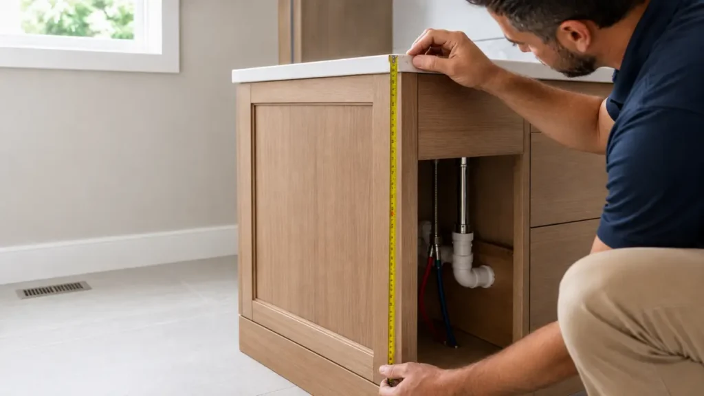 A tape measure held against the side of a bathroom vanity cabinet during a remodel, measuring from the finished floor to the top of the cabinet box