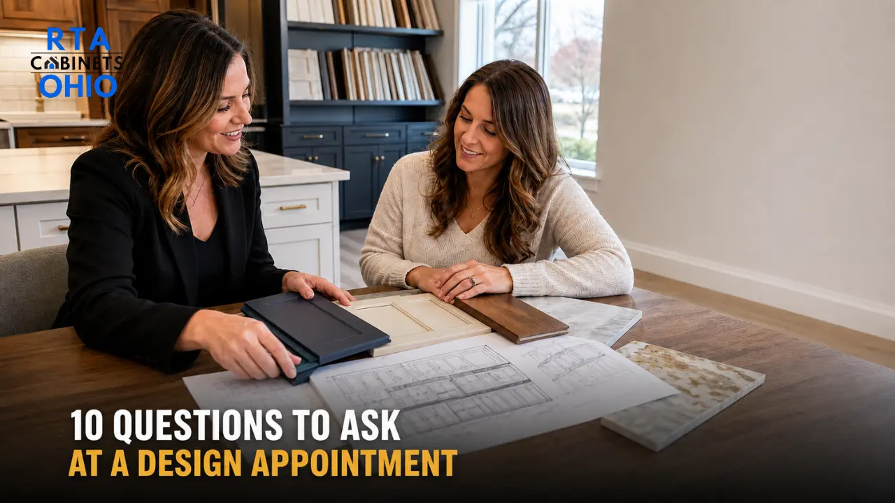Designer and homeowner reviewing pre assembled kitchen cabinets during a design appointment in Strongsville, Ohio