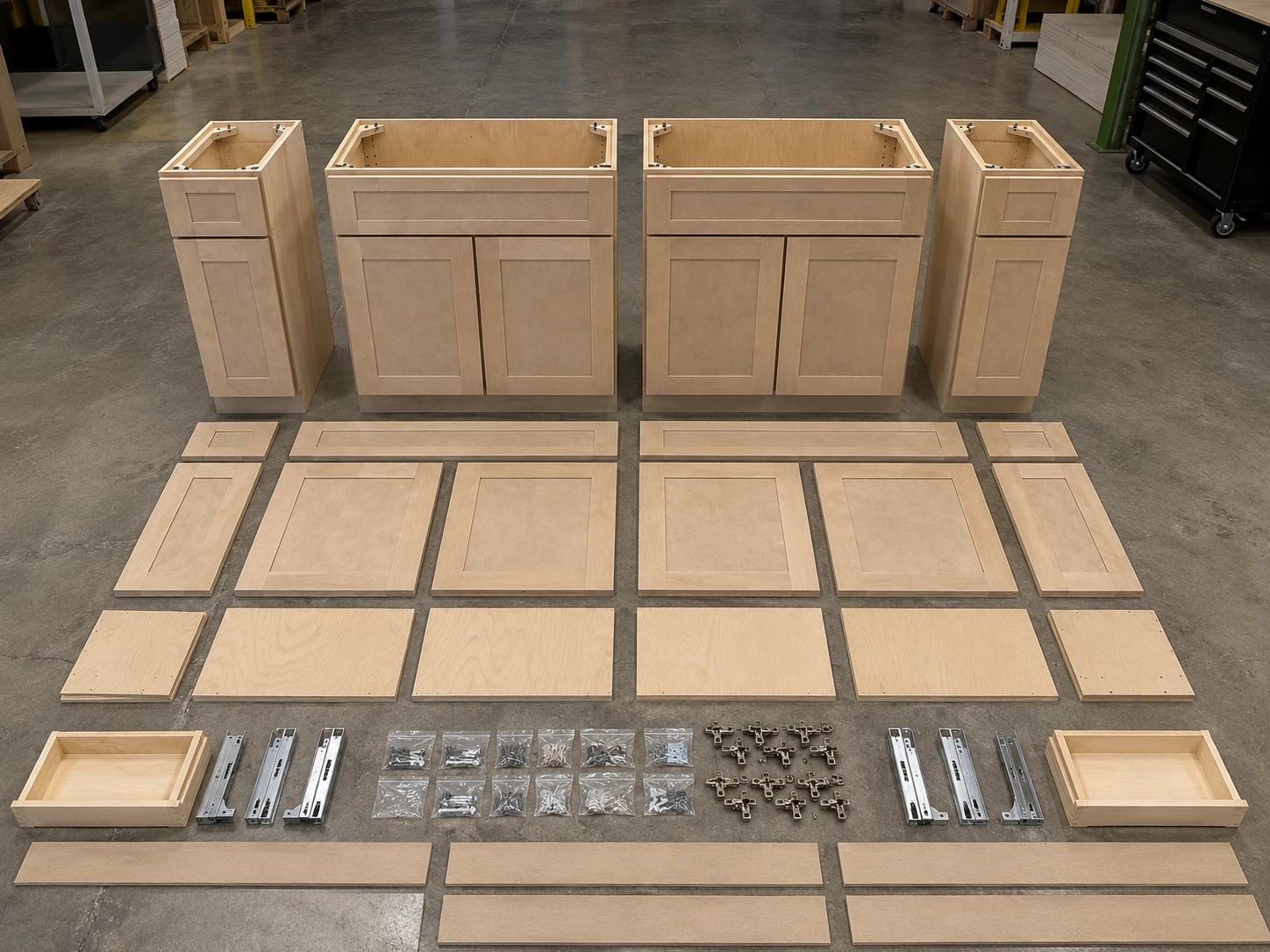 Unassembled Driftwood Wood Stain base cabinets, flat packed at the Cleveland warehouse