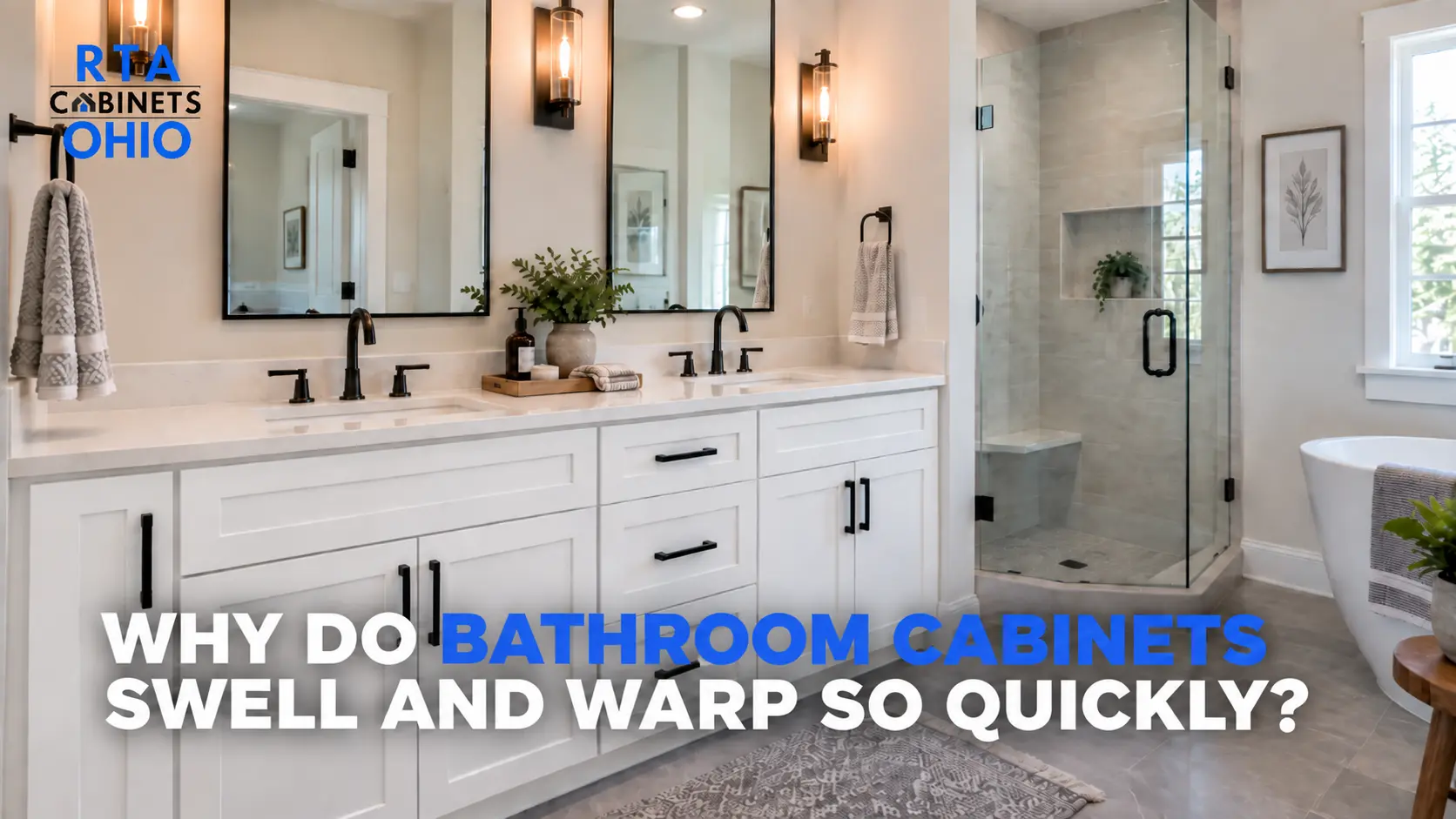 Bathroom cabinets near Parma Heights showing the effects of moisture and warping