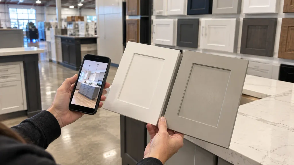 comparing kitchen cabinet finish samples in showroom