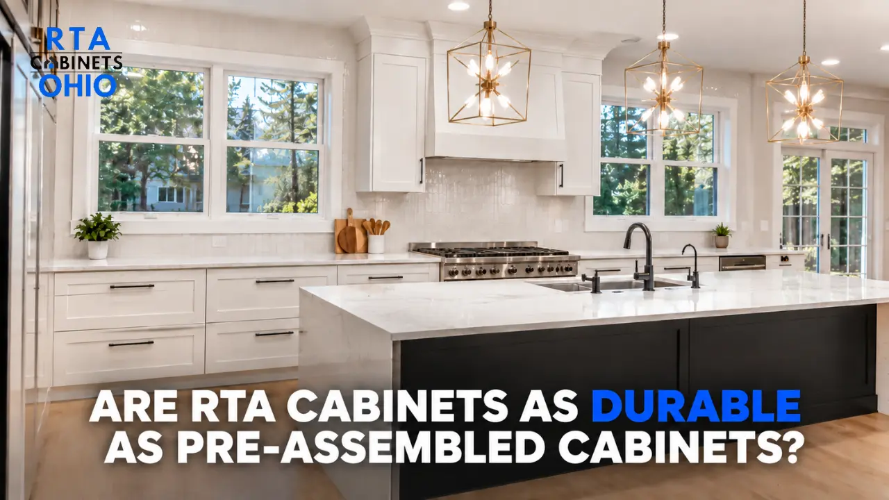 Bright kitchen showroom displaying side-by-side light Shaker style RTA and pre-assembled cabinets, overlaid with RTA Cabinets Ohio logo and text asking "Are RTA Cabinets as Durable as Pre-Assembled Cabinets".