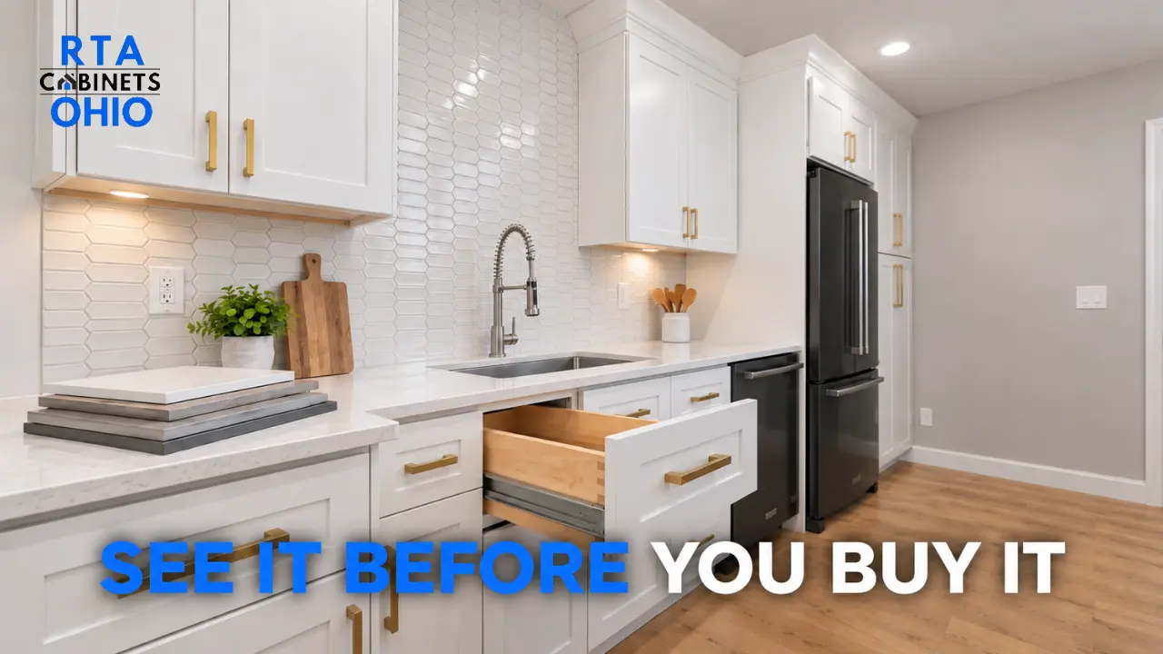 Homeowner opening a soft-close cabinet drawer in a bright kitchen showroom, displaying finish samples on the counter with overlay text reading "See It Before You Buy It".