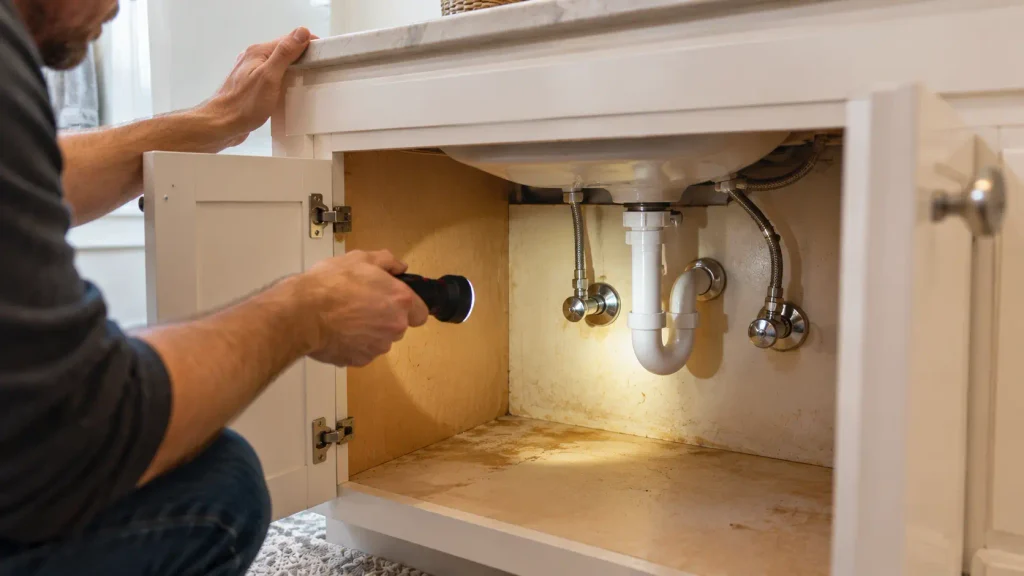 Inspecting Under the Bathroom Sink