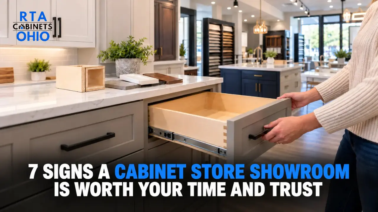 Homeowner pulling a drawer out of a display cabinet at a cabinet store near Parma in Parma Heights