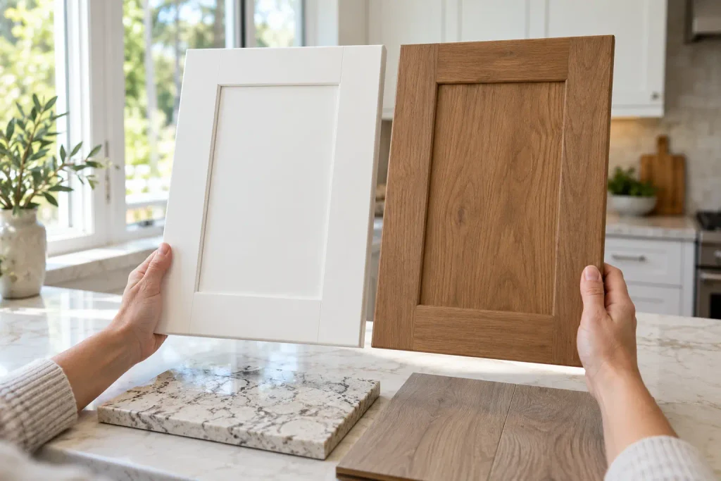 Two full-size cabinet door samples in different finishes held near a window in Parma Heights